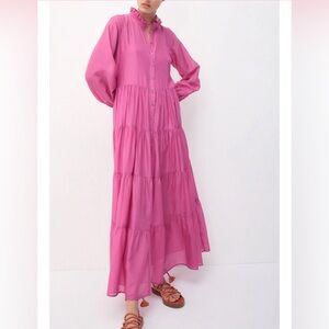 Bird & Knoll Tiered Maxi Dress James Pink Cotton-Silk Size:Small Pre Owned